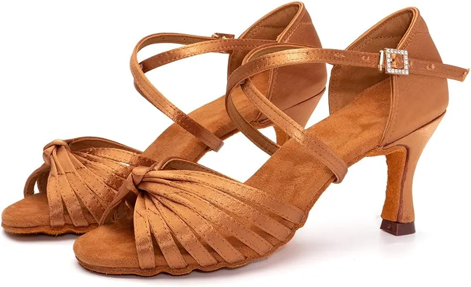 Women's Latin Dance Shoes Satin Professional Ballroom Salsa Practice Performance Dance Heels,Model EM1219