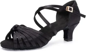 Women's Latin Dance Shoes Satin Professional Ballroom Salsa Practice Performance Dance Heels,Model EM1219