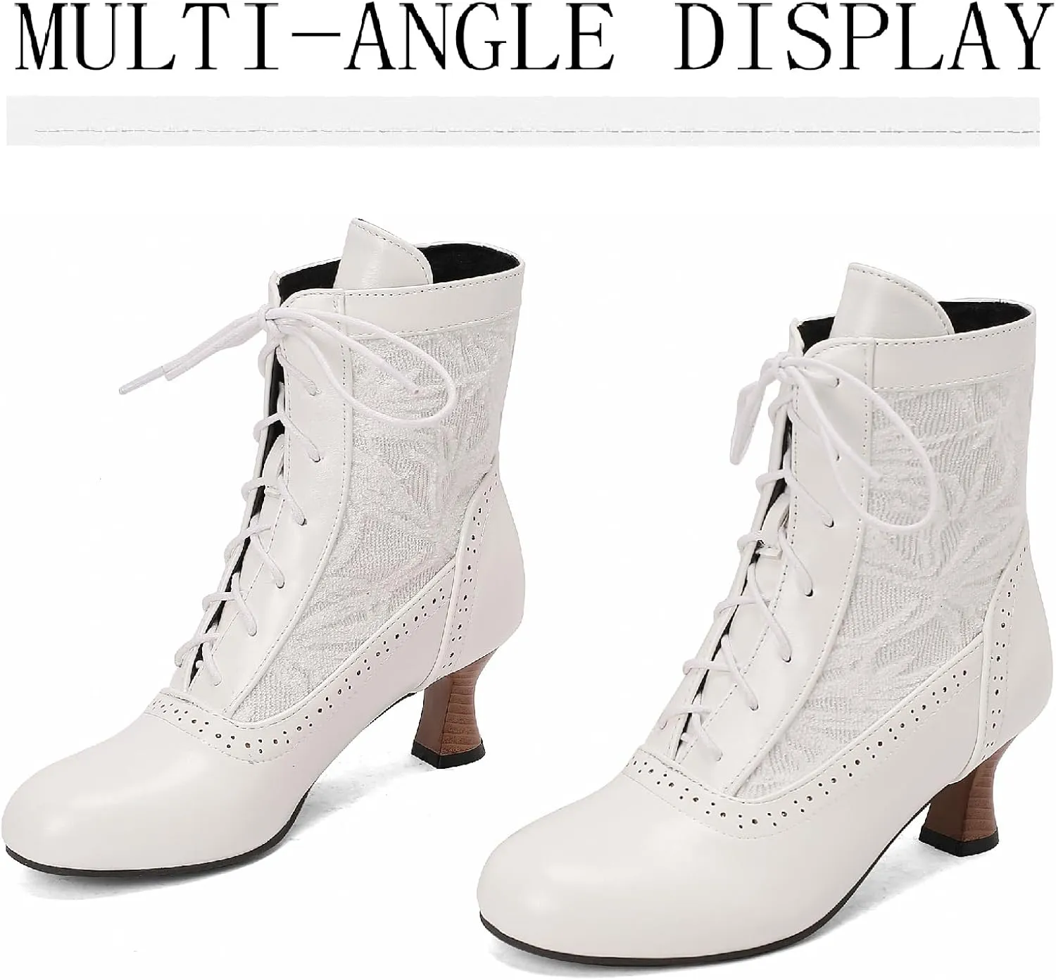 Women's Leather Lace Splice Kitten Heel Victoria Ankle Boots Retro Comfort Round Toe Lace-up Mid Heel Witch Bootie for Fall Winter Party Dress Boots