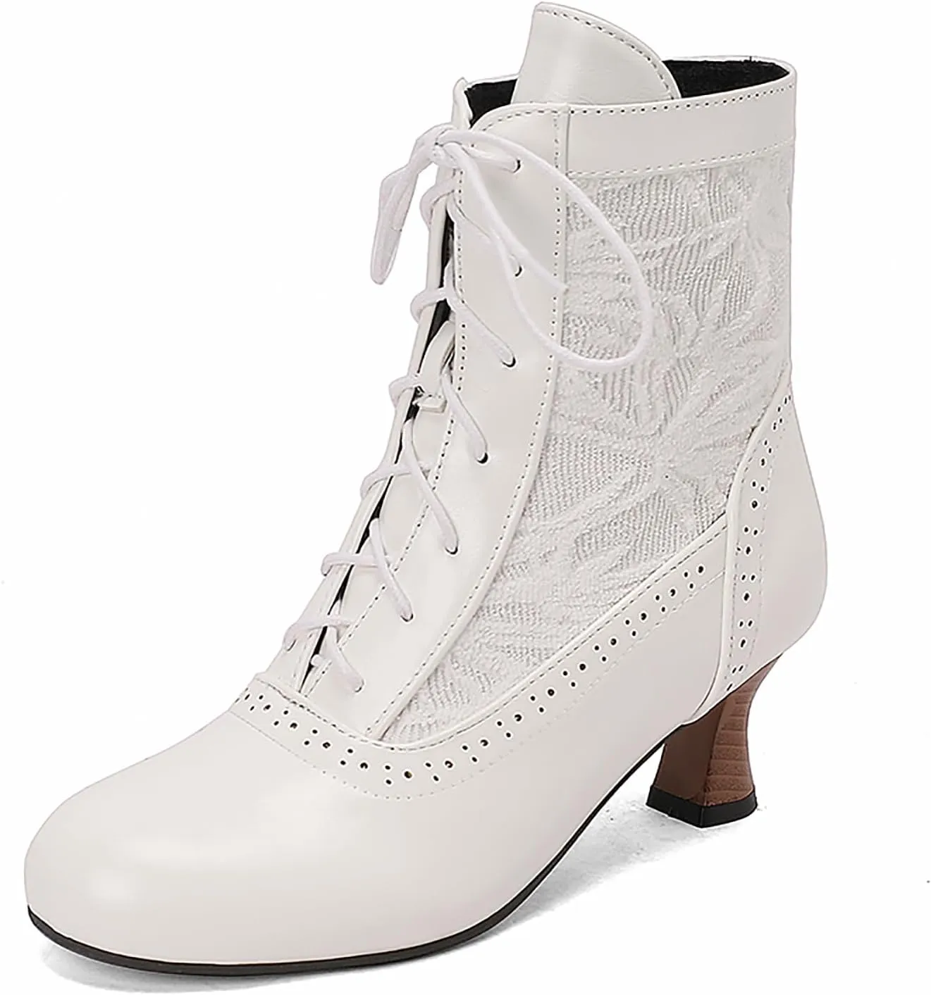 Women's Leather Lace Splice Kitten Heel Victoria Ankle Boots Retro Comfort Round Toe Lace-up Mid Heel Witch Bootie for Fall Winter Party Dress Boots