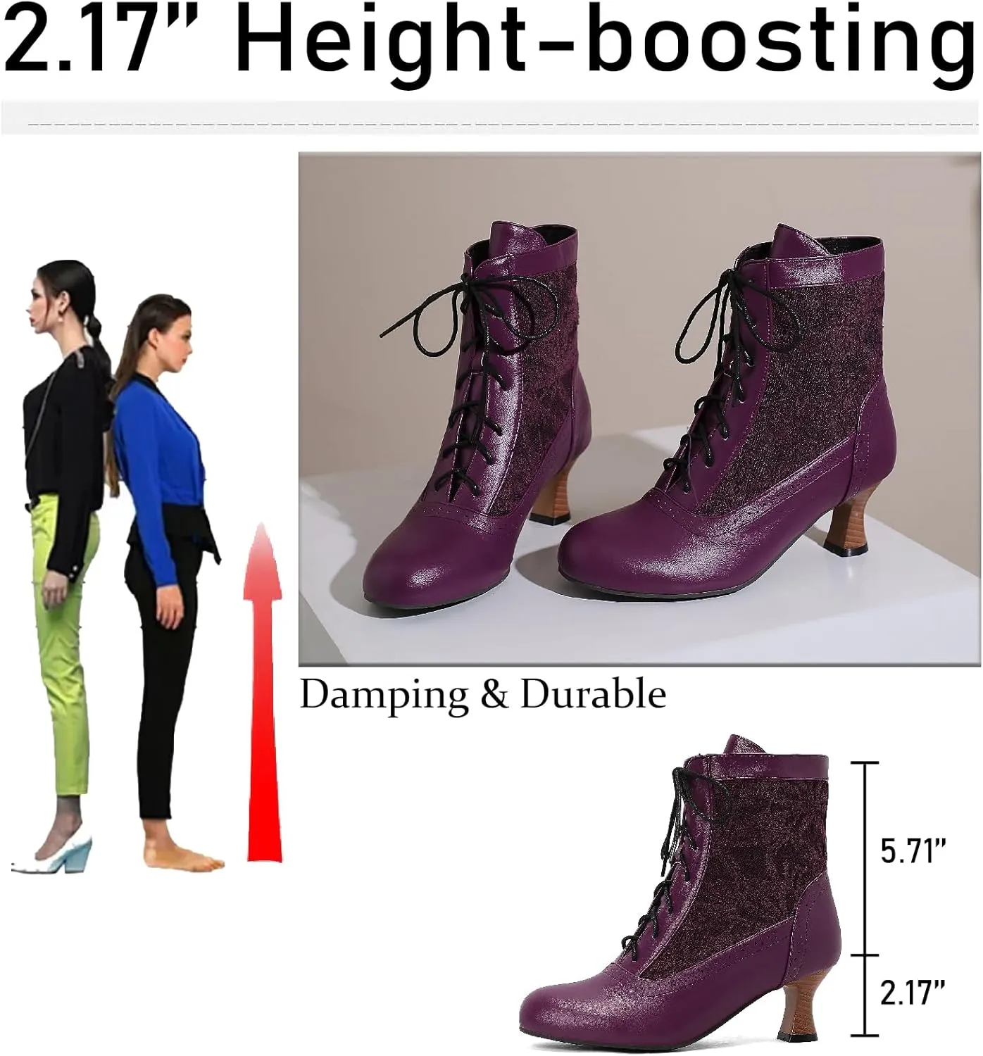 Women's Leather Lace Splice Kitten Heel Victoria Ankle Boots Retro Comfort Round Toe Lace-up Mid Heel Witch Bootie for Fall Winter Party Dress Boots