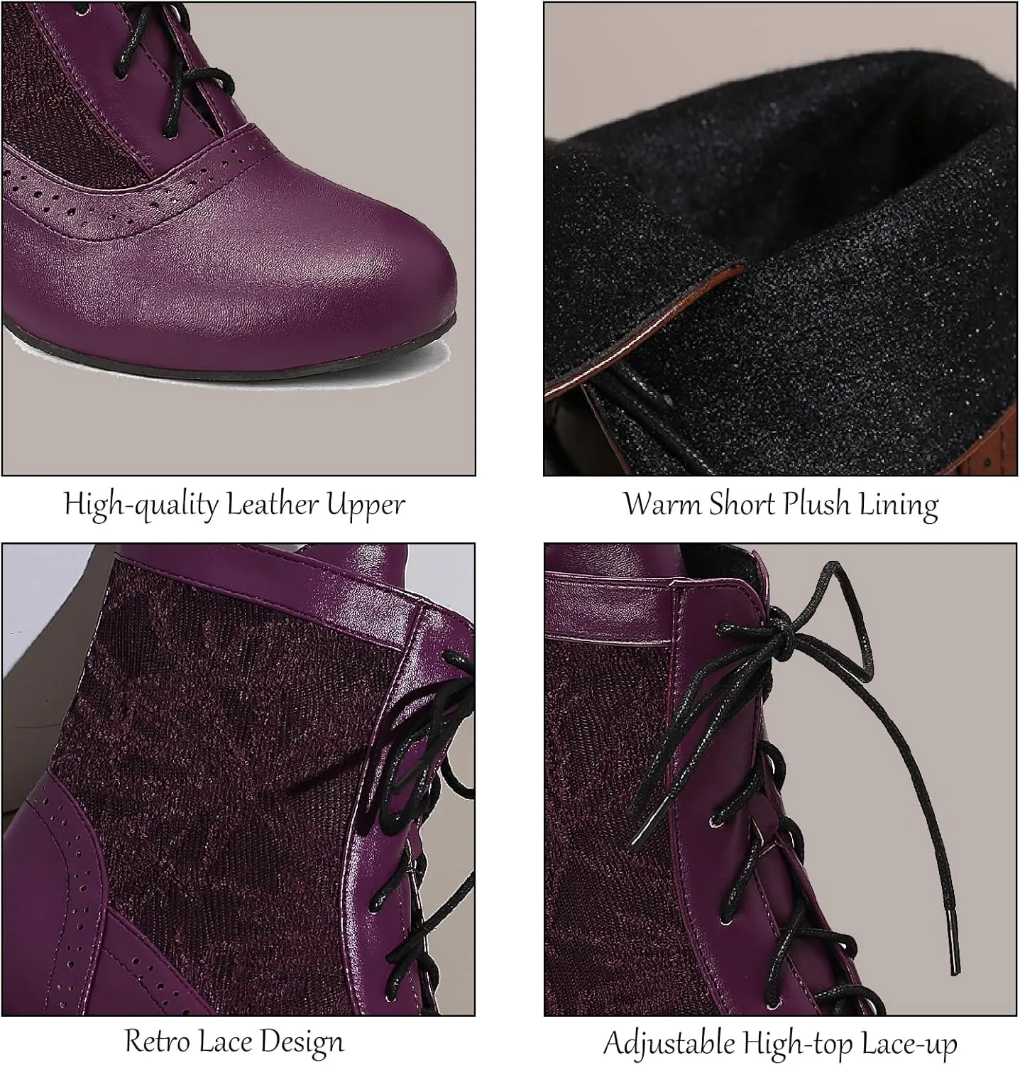 Women's Leather Lace Splice Kitten Heel Victoria Ankle Boots Retro Comfort Round Toe Lace-up Mid Heel Witch Bootie for Fall Winter Party Dress Boots