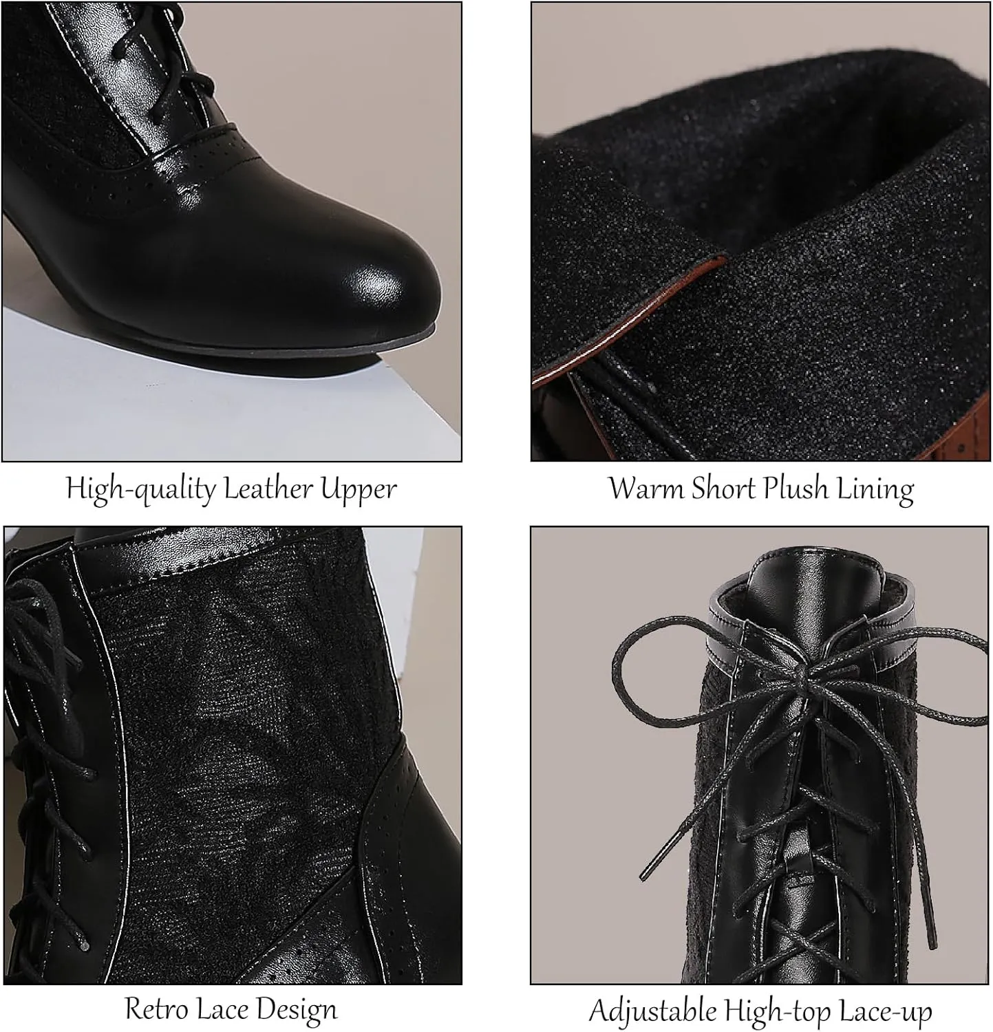 Women's Leather Lace Splice Kitten Heel Victoria Ankle Boots Retro Comfort Round Toe Lace-up Mid Heel Witch Bootie for Fall Winter Party Dress Boots
