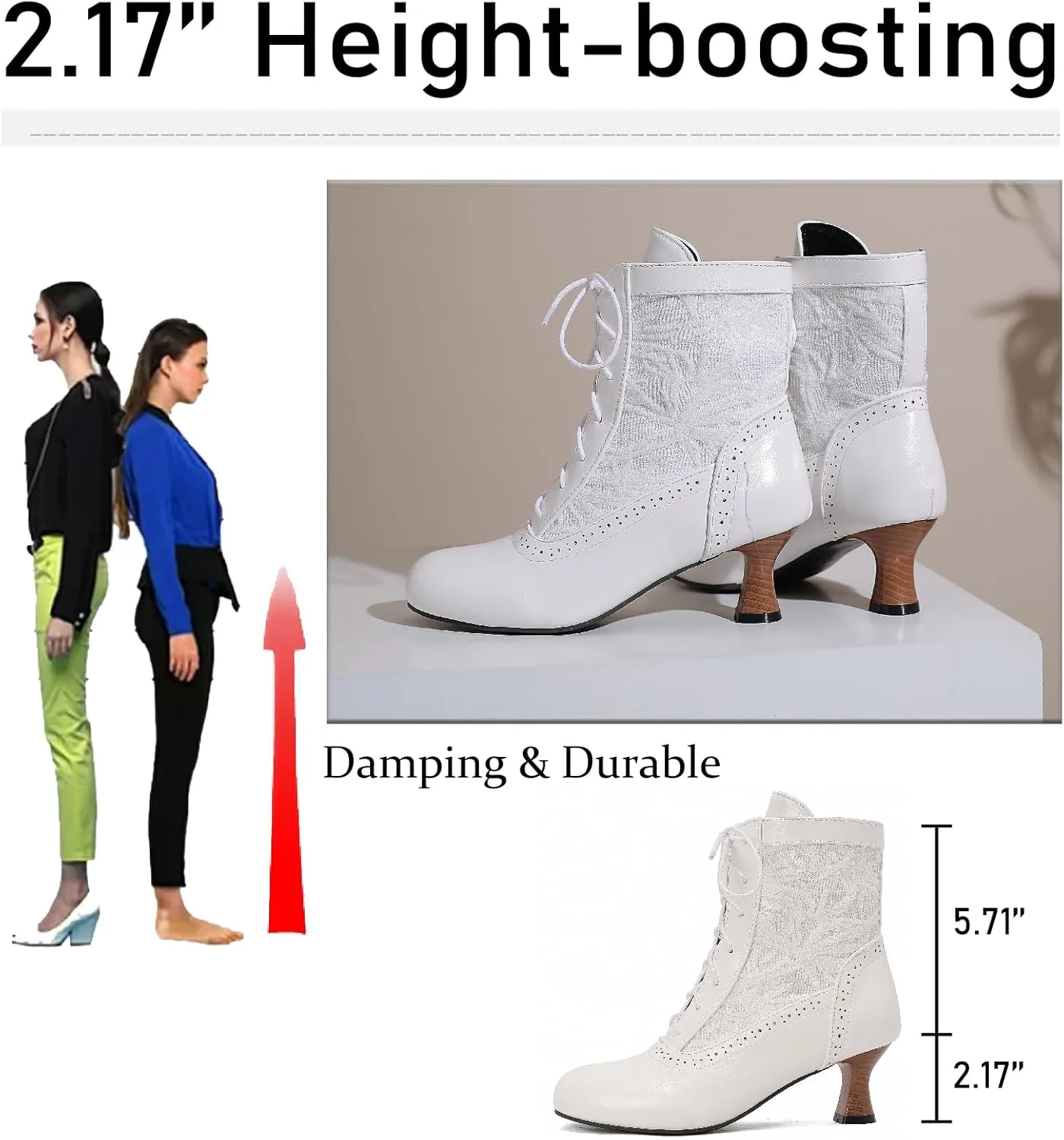 Women's Leather Lace Splice Kitten Heel Victoria Ankle Boots Retro Comfort Round Toe Lace-up Mid Heel Witch Bootie for Fall Winter Party Dress Boots