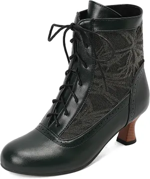 Women's Leather Lace Splice Kitten Heel Victoria Ankle Boots Retro Comfort Round Toe Lace-up Mid Heel Witch Bootie for Fall Winter Party Dress Boots