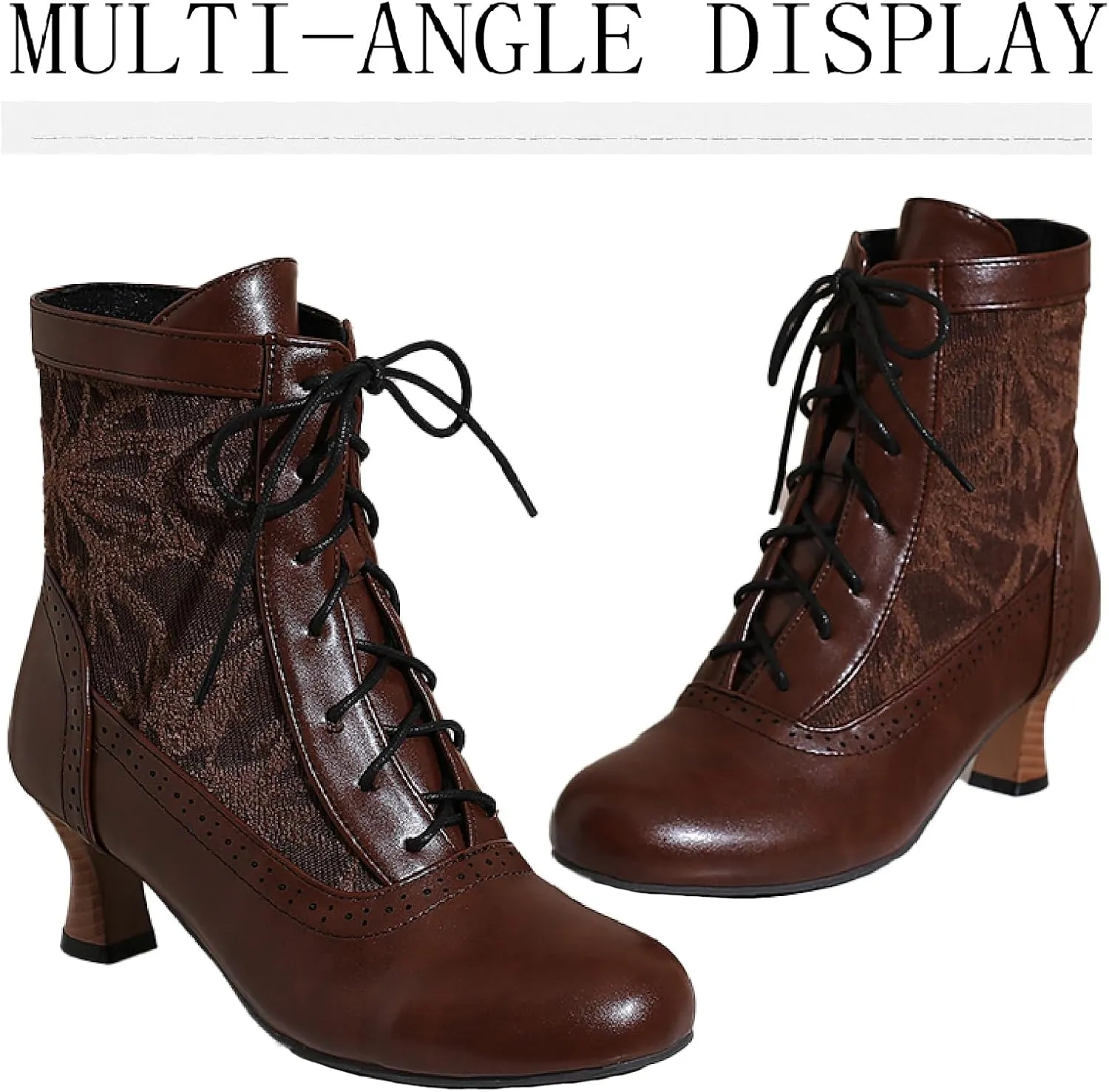 Women's Leather Lace Splice Kitten Heel Victoria Ankle Boots Retro Comfort Round Toe Lace-up Mid Heel Witch Bootie for Fall Winter Party Dress Boots