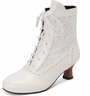 Women's Leather Lace Splice Kitten Heel Victoria Ankle Boots Retro Comfort Round Toe Lace-up Mid Heel Witch Bootie for Fall Winter Party Dress Boots
