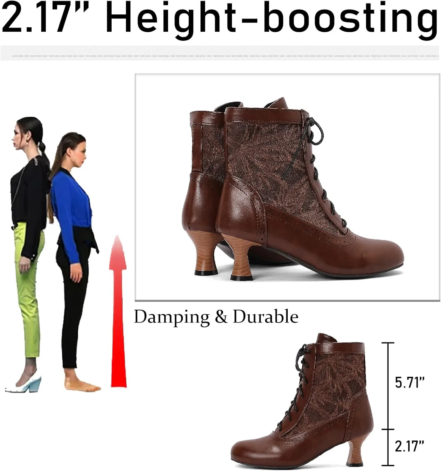 Women's Leather Lace Splice Kitten Heel Victoria Ankle Boots Retro Comfort Round Toe Lace-up Mid Heel Witch Bootie for Fall Winter Party Dress Boots