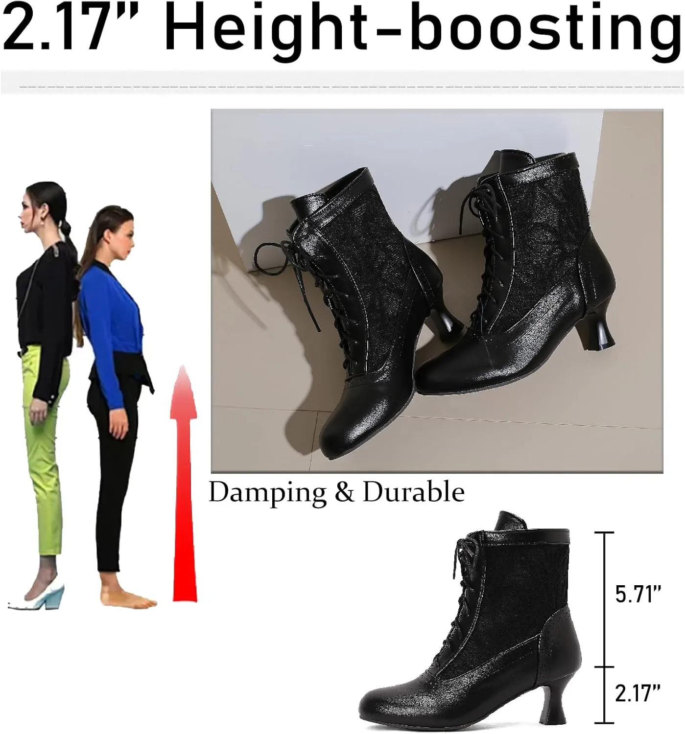 Women's Leather Lace Splice Kitten Heel Victoria Ankle Boots Retro Comfort Round Toe Lace-up Mid Heel Witch Bootie for Fall Winter Party Dress Boots
