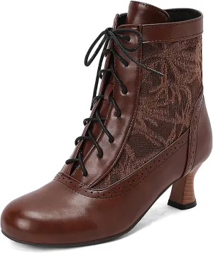 Women's Leather Lace Splice Kitten Heel Victoria Ankle Boots Retro Comfort Round Toe Lace-up Mid Heel Witch Bootie for Fall Winter Party Dress Boots