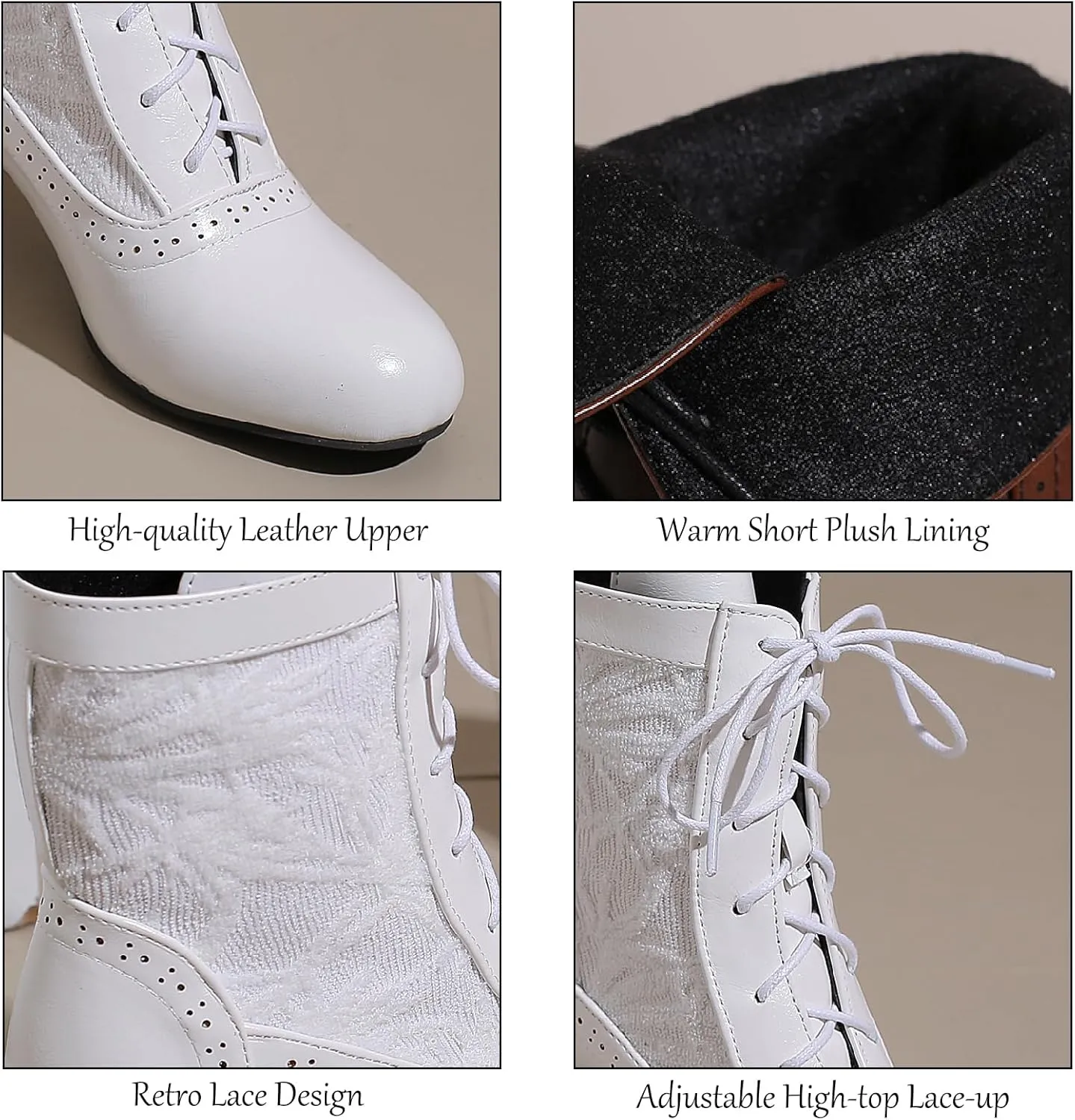 Women's Leather Lace Splice Kitten Heel Victoria Ankle Boots Retro Comfort Round Toe Lace-up Mid Heel Witch Bootie for Fall Winter Party Dress Boots