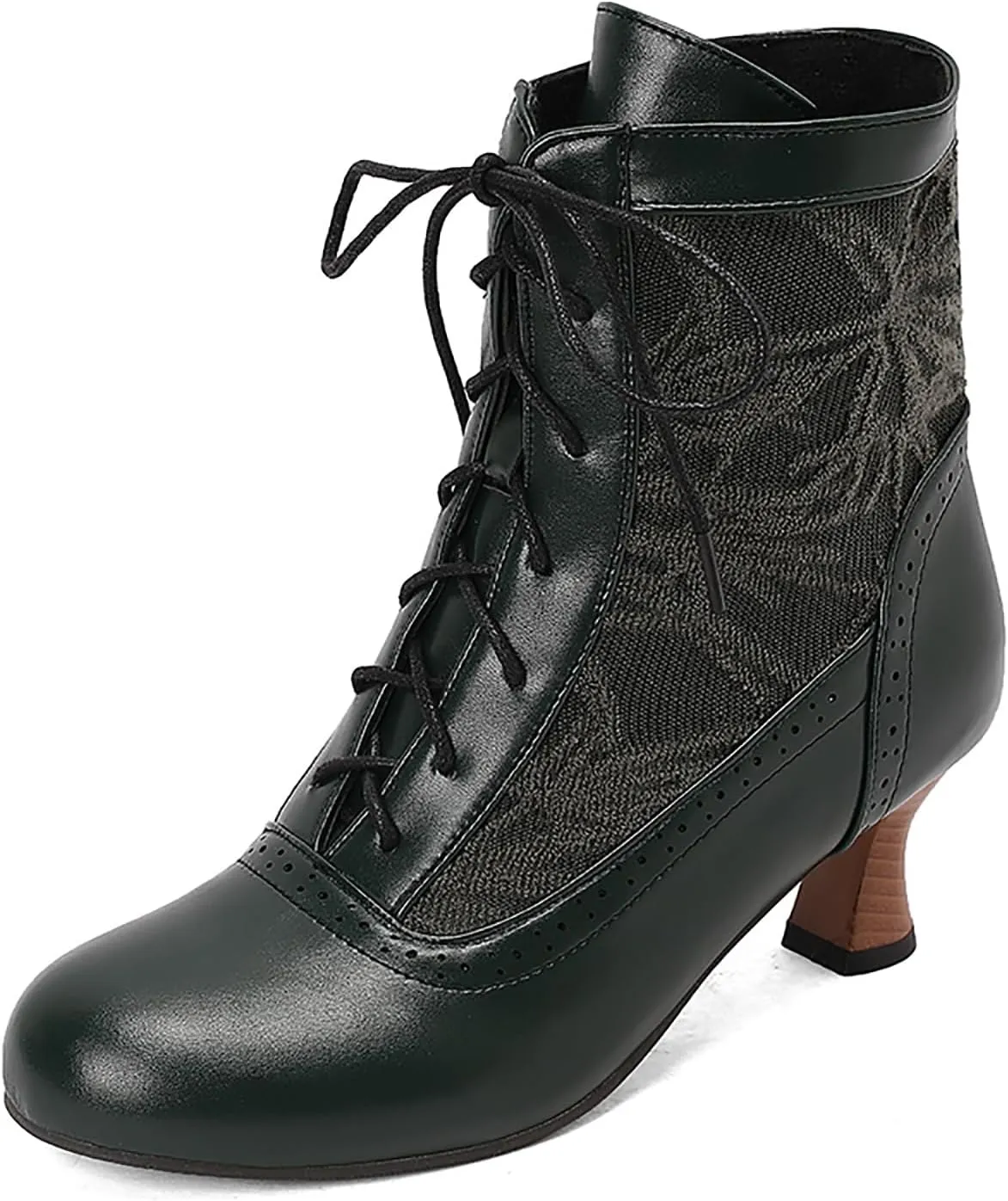 Women's Leather Lace Splice Kitten Heel Victoria Ankle Boots Retro Comfort Round Toe Lace-up Mid Heel Witch Bootie for Fall Winter Party Dress Boots