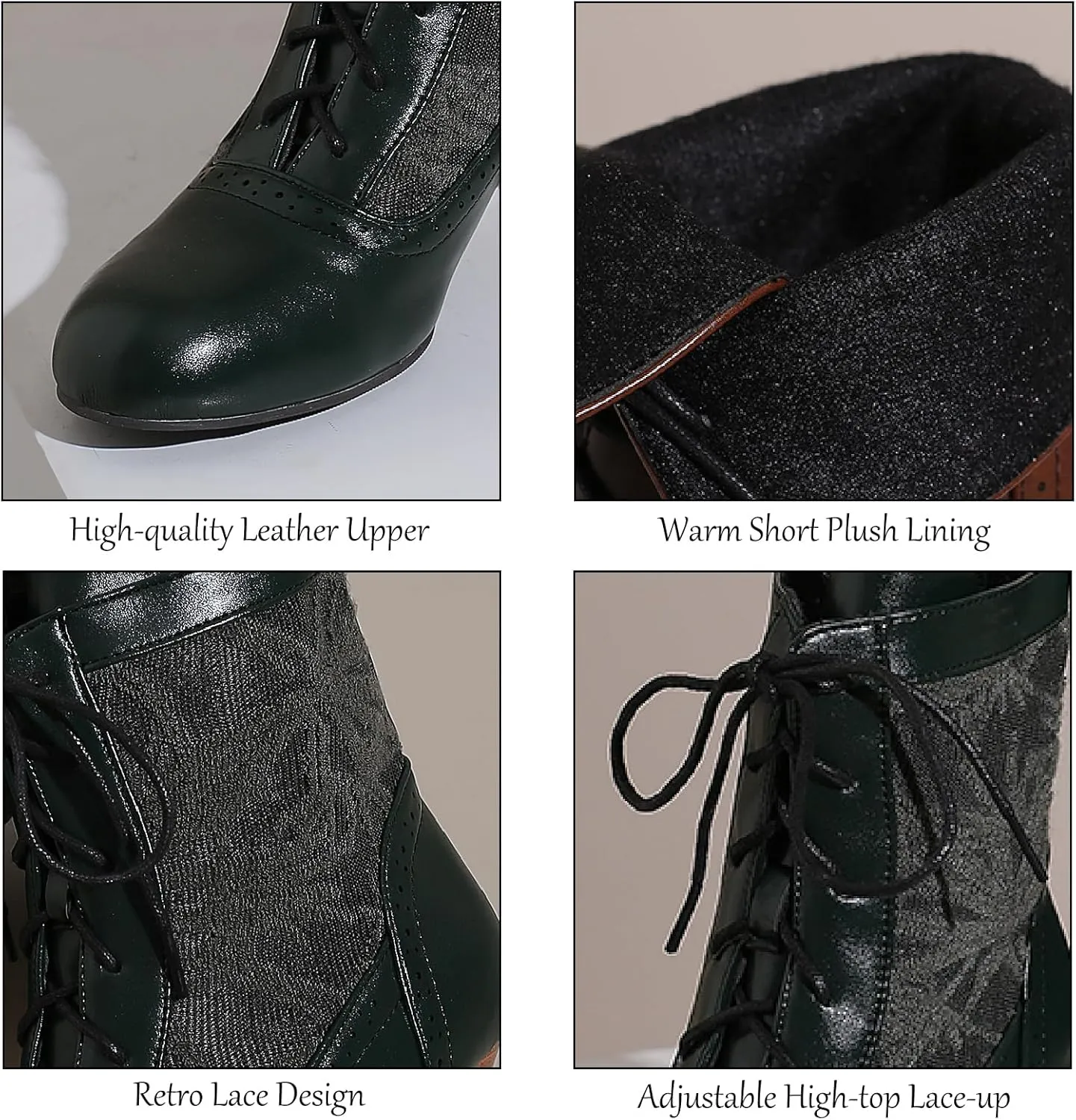 Women's Leather Lace Splice Kitten Heel Victoria Ankle Boots Retro Comfort Round Toe Lace-up Mid Heel Witch Bootie for Fall Winter Party Dress Boots