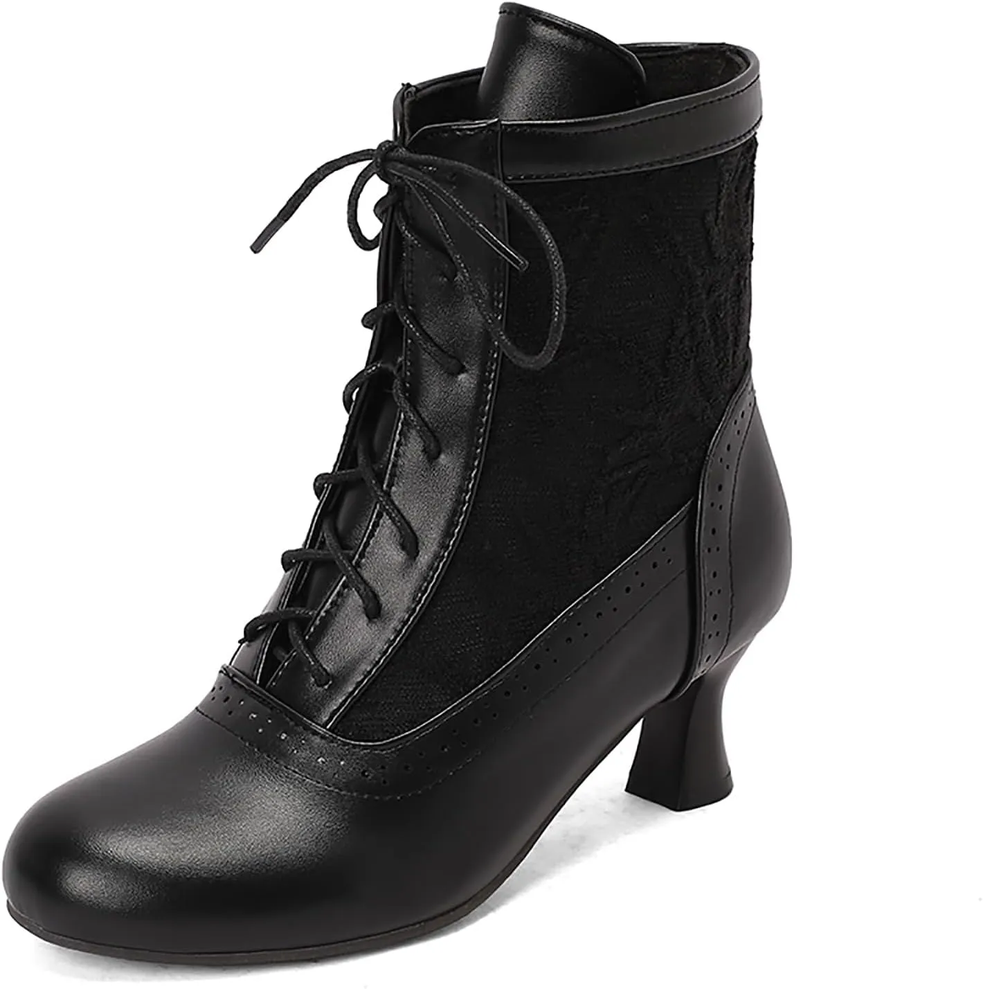 Women's Leather Lace Splice Kitten Heel Victoria Ankle Boots Retro Comfort Round Toe Lace-up Mid Heel Witch Bootie for Fall Winter Party Dress Boots
