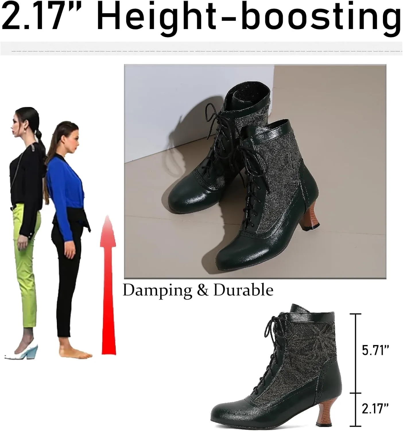 Women's Leather Lace Splice Kitten Heel Victoria Ankle Boots Retro Comfort Round Toe Lace-up Mid Heel Witch Bootie for Fall Winter Party Dress Boots