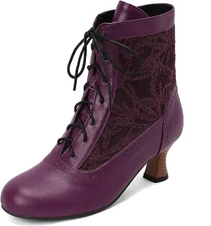 Women's Leather Lace Splice Kitten Heel Victoria Ankle Boots Retro Comfort Round Toe Lace-up Mid Heel Witch Bootie for Fall Winter Party Dress Boots
