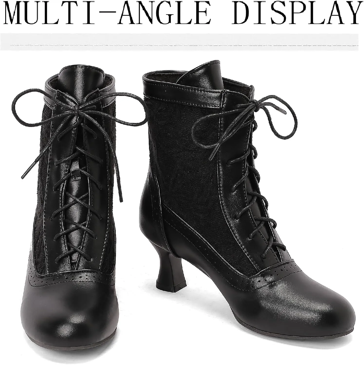 Women's Leather Lace Splice Kitten Heel Victoria Ankle Boots Retro Comfort Round Toe Lace-up Mid Heel Witch Bootie for Fall Winter Party Dress Boots