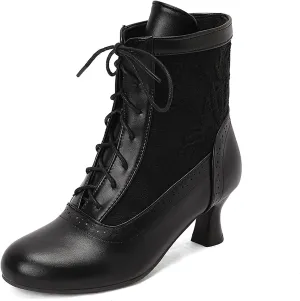Women's Leather Lace Splice Kitten Heel Victoria Ankle Boots Retro Comfort Round Toe Lace-up Mid Heel Witch Bootie for Fall Winter Party Dress Boots