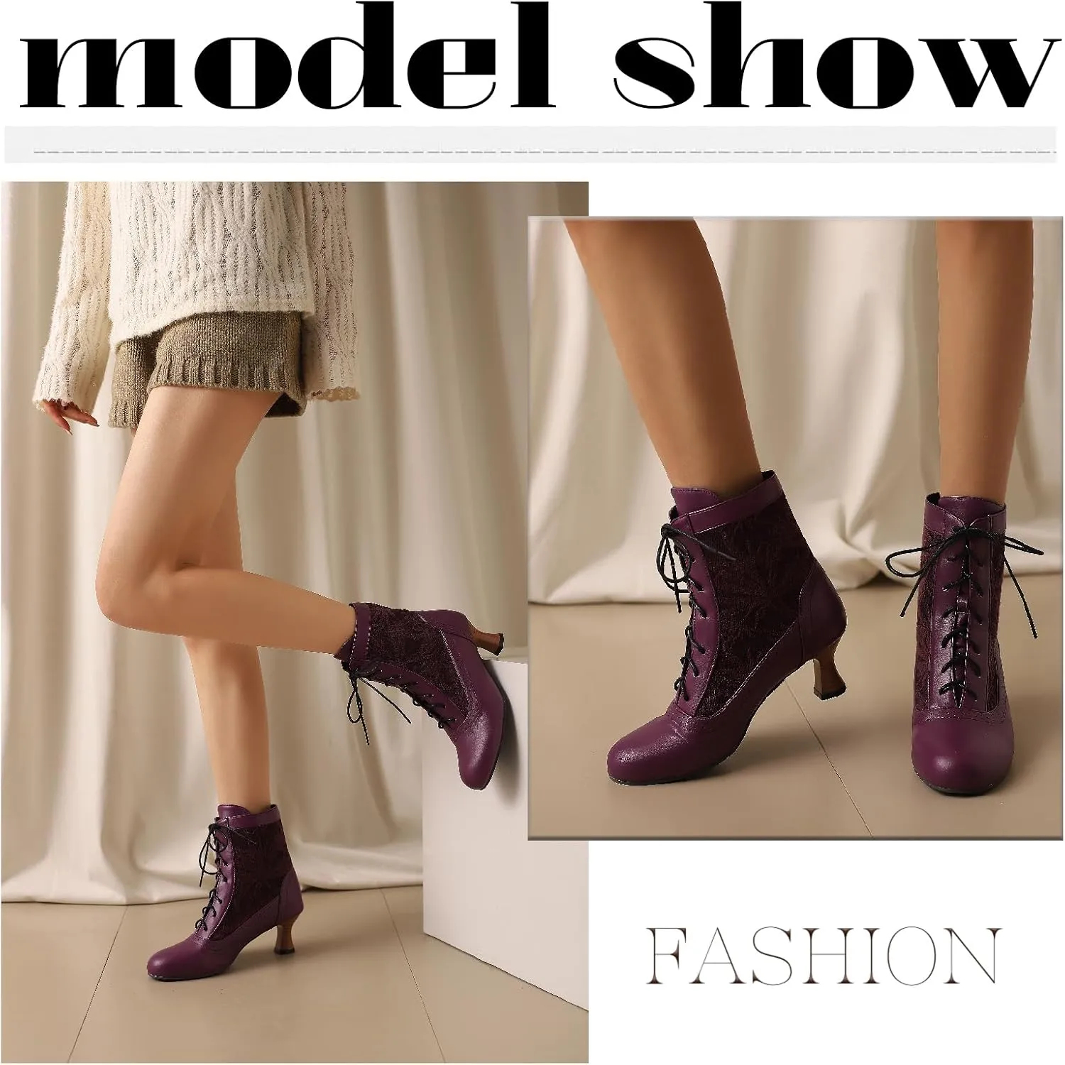 Women's Leather Lace Splice Kitten Heel Victoria Ankle Boots Retro Comfort Round Toe Lace-up Mid Heel Witch Bootie for Fall Winter Party Dress Boots
