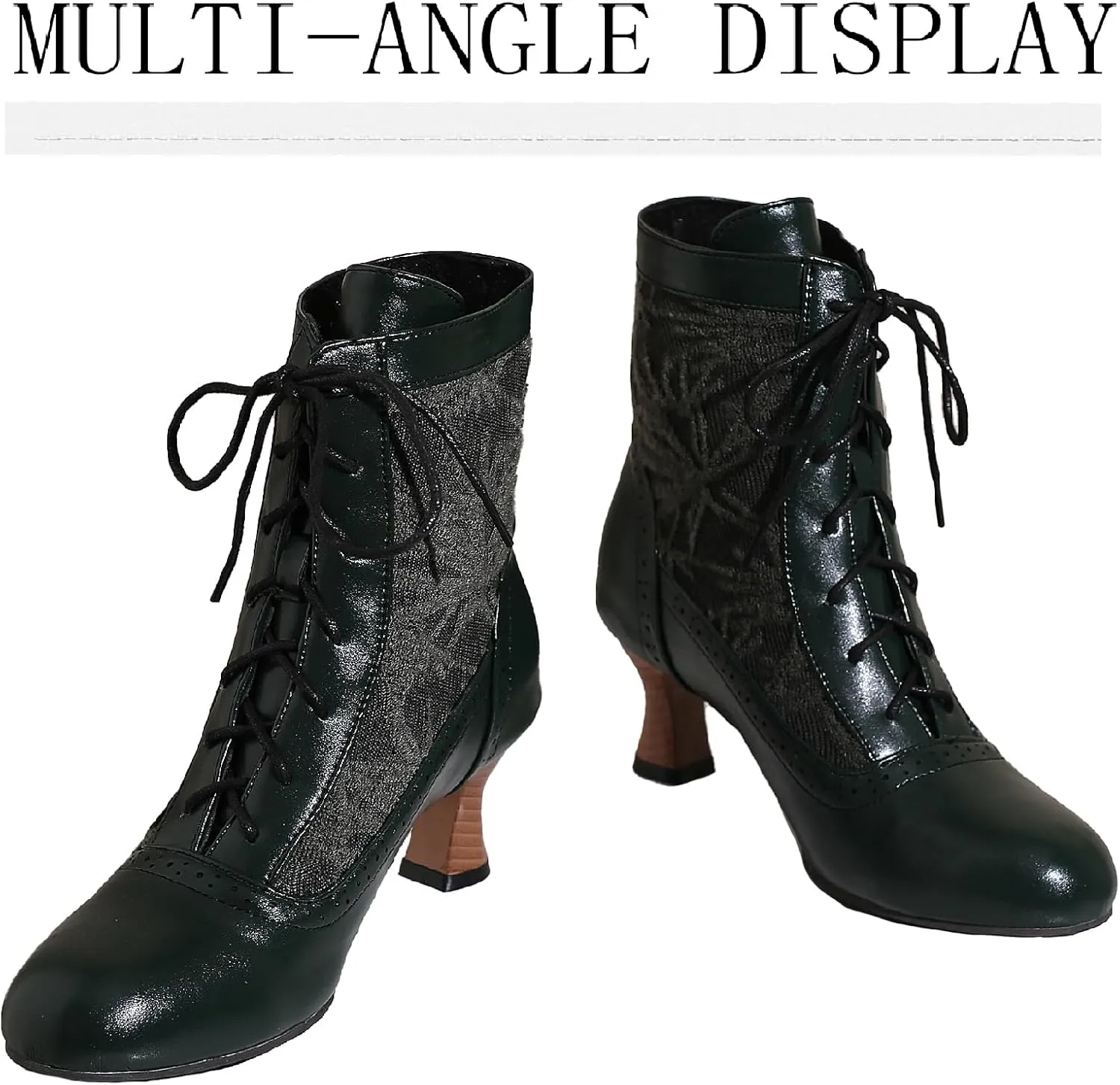 Women's Leather Lace Splice Kitten Heel Victoria Ankle Boots Retro Comfort Round Toe Lace-up Mid Heel Witch Bootie for Fall Winter Party Dress Boots