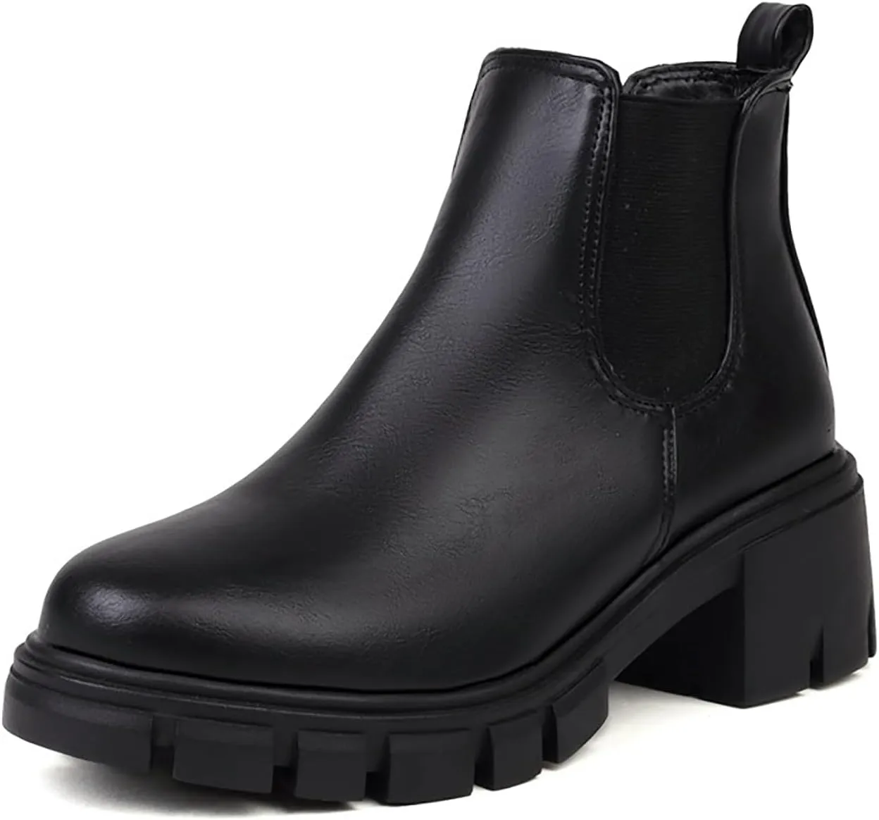 Women's Leather Platform Chunky Heel Ankle Boots Retro Comfortable Round Toe Pull On Non-slip Lug Sole Mid Heel Chelsea Booties Fall Winter Daily Work Dress Combat Boots