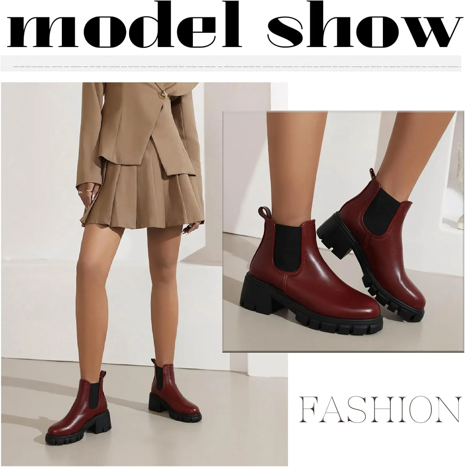 Women's Leather Platform Chunky Heel Ankle Boots Retro Comfortable Round Toe Pull On Non-slip Lug Sole Mid Heel Chelsea Booties Fall Winter Daily Work Dress Combat Boots