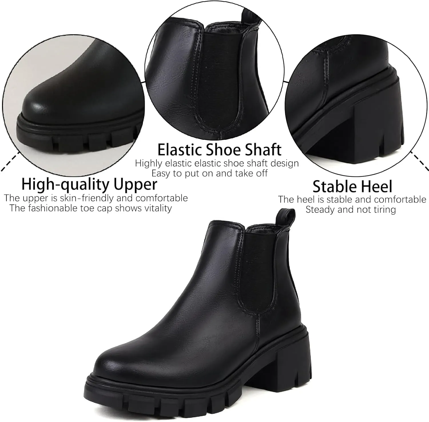 Women's Leather Platform Chunky Heel Ankle Boots Retro Comfortable Round Toe Pull On Non-slip Lug Sole Mid Heel Chelsea Booties Fall Winter Daily Work Dress Combat Boots