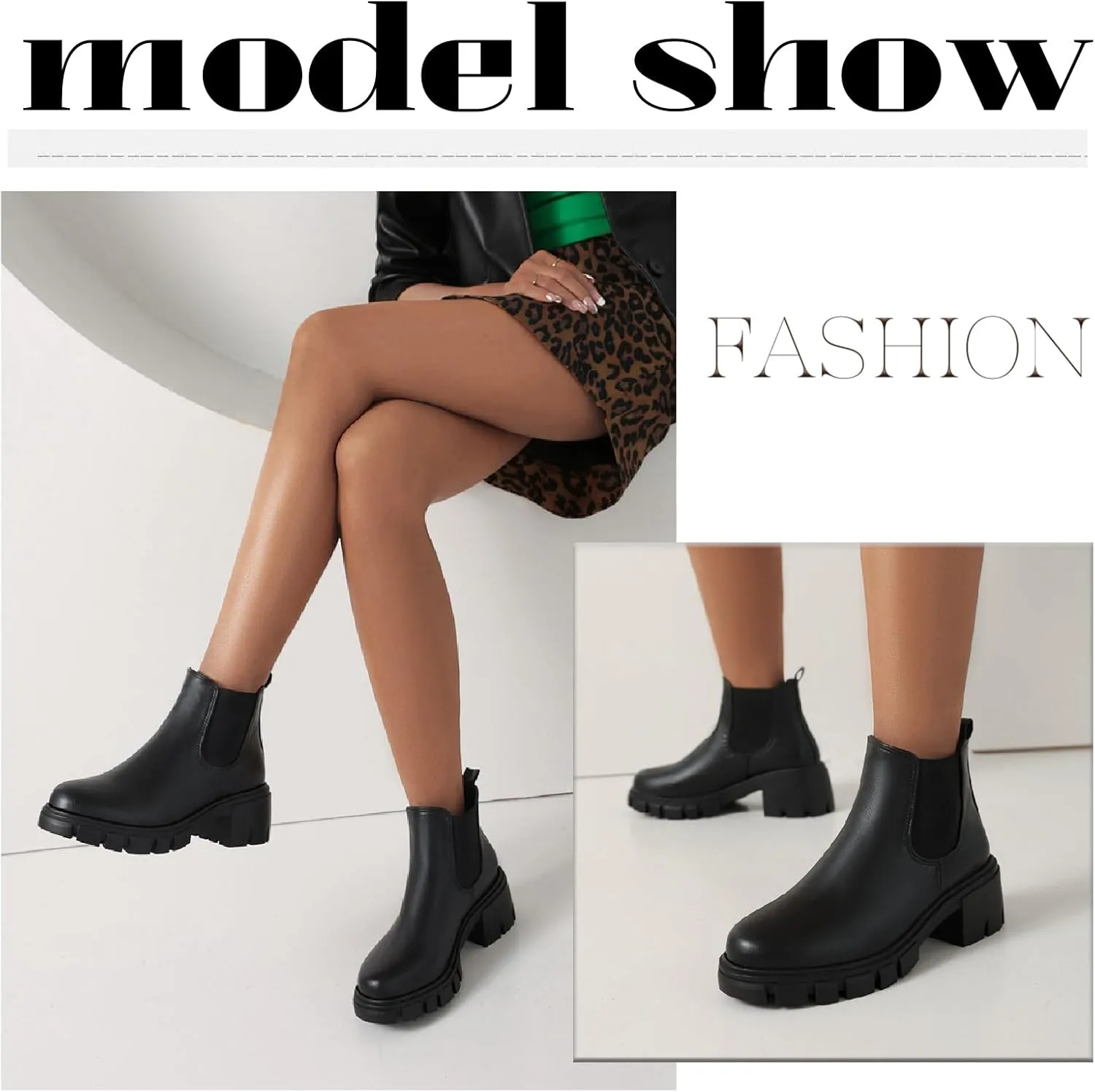 Women's Leather Platform Chunky Heel Ankle Boots Retro Comfortable Round Toe Pull On Non-slip Lug Sole Mid Heel Chelsea Booties Fall Winter Daily Work Dress Combat Boots