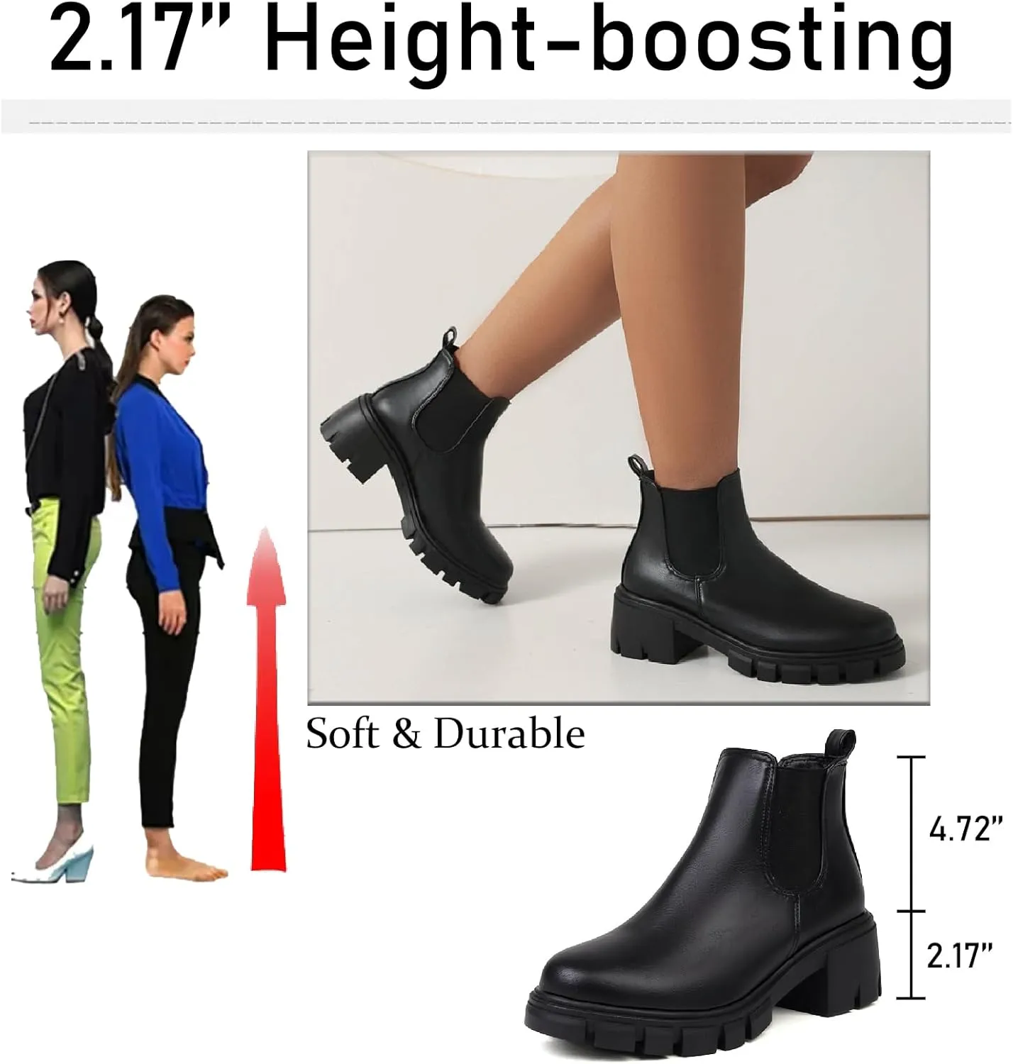 Women's Leather Platform Chunky Heel Ankle Boots Retro Comfortable Round Toe Pull On Non-slip Lug Sole Mid Heel Chelsea Booties Fall Winter Daily Work Dress Combat Boots