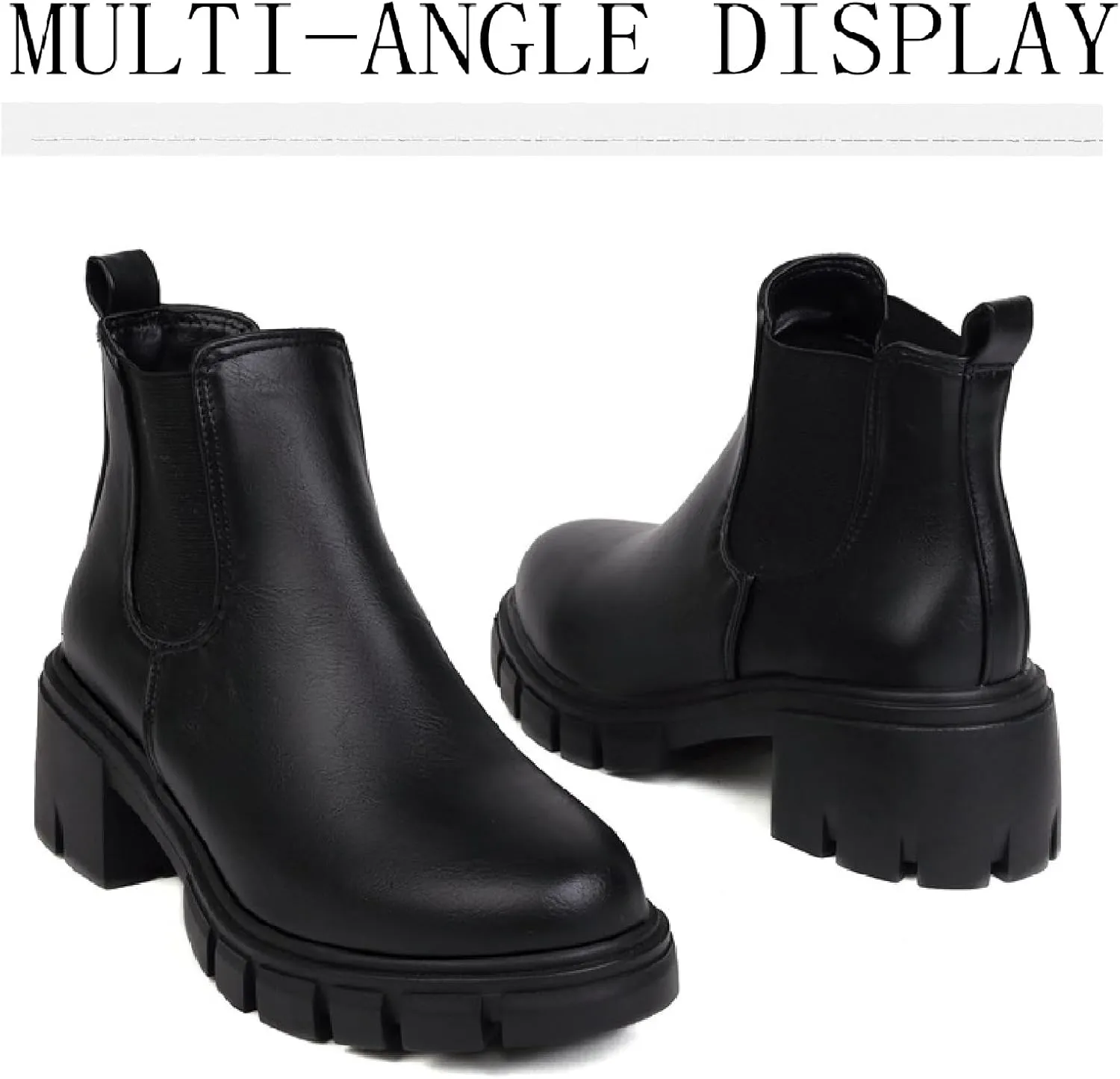 Women's Leather Platform Chunky Heel Ankle Boots Retro Comfortable Round Toe Pull On Non-slip Lug Sole Mid Heel Chelsea Booties Fall Winter Daily Work Dress Combat Boots