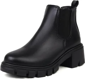 Women's Leather Platform Chunky Heel Ankle Boots Retro Comfortable Round Toe Pull On Non-slip Lug Sole Mid Heel Chelsea Booties Fall Winter Daily Work Dress Combat Boots