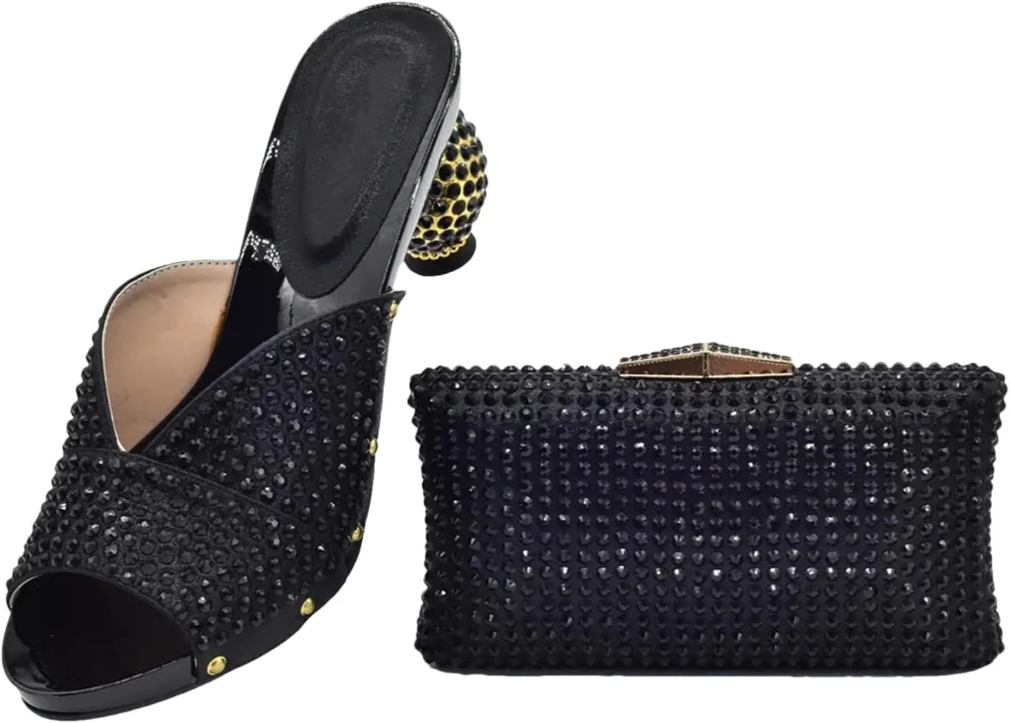Women's Royal African Wedding Shoe & Bag Set - Handcrafted Crystal-Embellished Pumps with Gold-Tone Clutch for Grand Celebrations