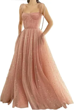 Women's Sparkle Starry Tulle Prom Dresses Sweetheart Neckline Sleeveless Formal Evening Party Gowns