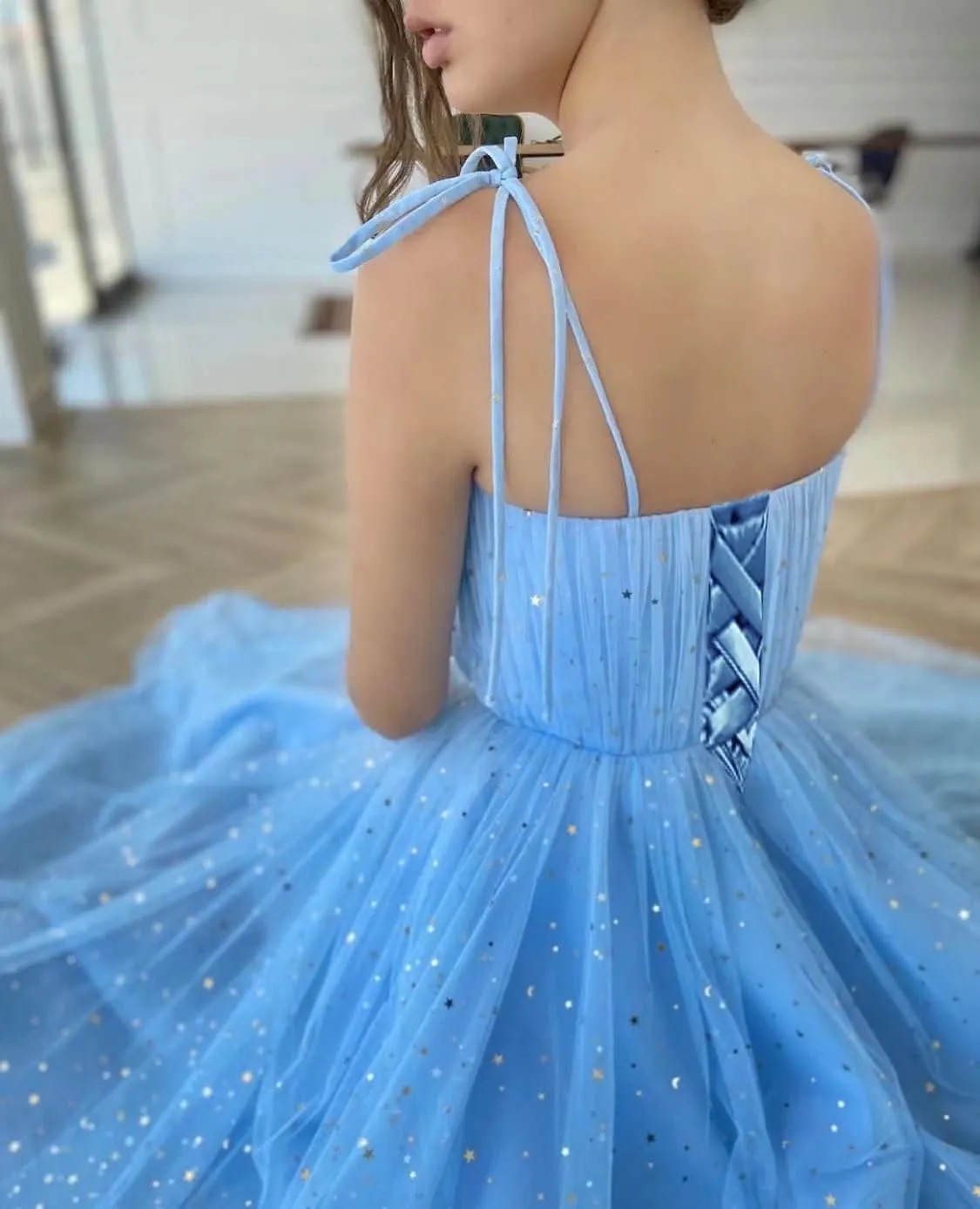 Women's Sparkle Starry Tulle Prom Dresses Sweetheart Neckline Sleeveless Formal Evening Party Gowns