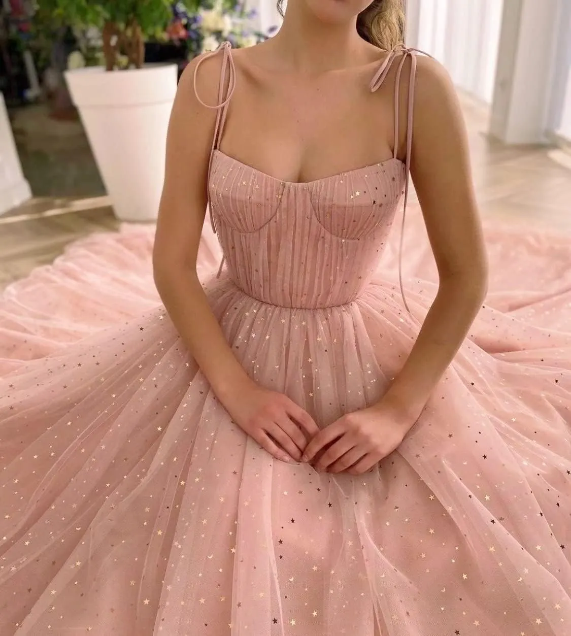 Women's Sparkle Starry Tulle Prom Dresses Sweetheart Neckline Sleeveless Formal Evening Party Gowns