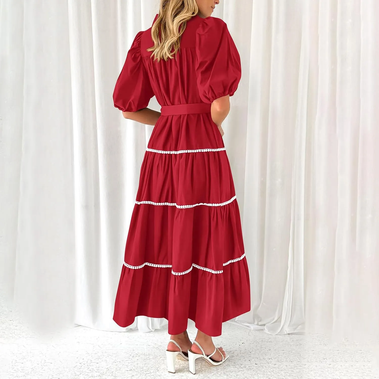 Women's Summer Button Down Shirt Dress Short Puffy Sleeve Tiered Ruffle Flowy Long Maxi Dresses Vocation Party Dress