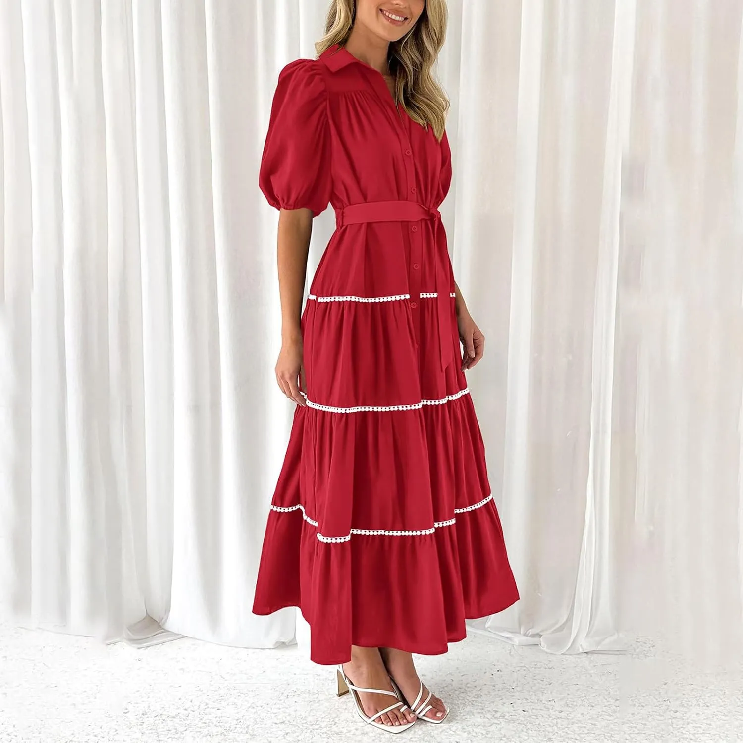 Women's Summer Button Down Shirt Dress Short Puffy Sleeve Tiered Ruffle Flowy Long Maxi Dresses Vocation Party Dress