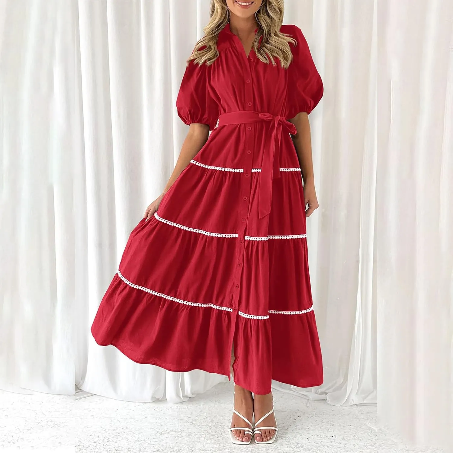 Women's Summer Button Down Shirt Dress Short Puffy Sleeve Tiered Ruffle Flowy Long Maxi Dresses Vocation Party Dress