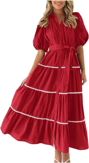 Women's Summer Button Down Shirt Dress Short Puffy Sleeve Tiered Ruffle Flowy Long Maxi Dresses Vocation Party Dress