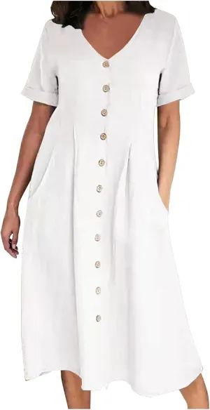 Women's Summer Casual Cotton Linen Midi Dress Plus Size Short Sleeve Button Up V-Neck Maxi Dress with Pockets