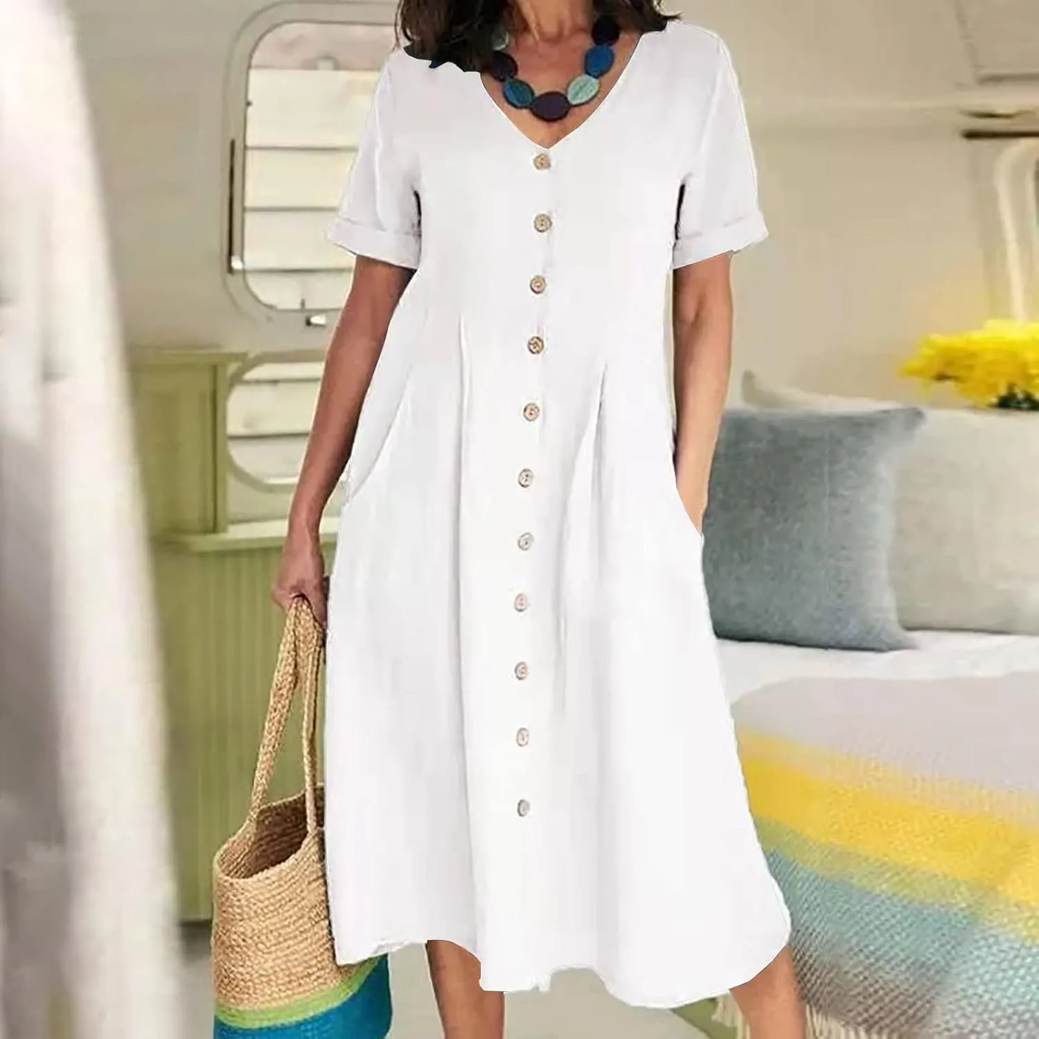 Women's Summer Casual Cotton Linen Midi Dress Plus Size Short Sleeve Button Up V-Neck Maxi Dress with Pockets