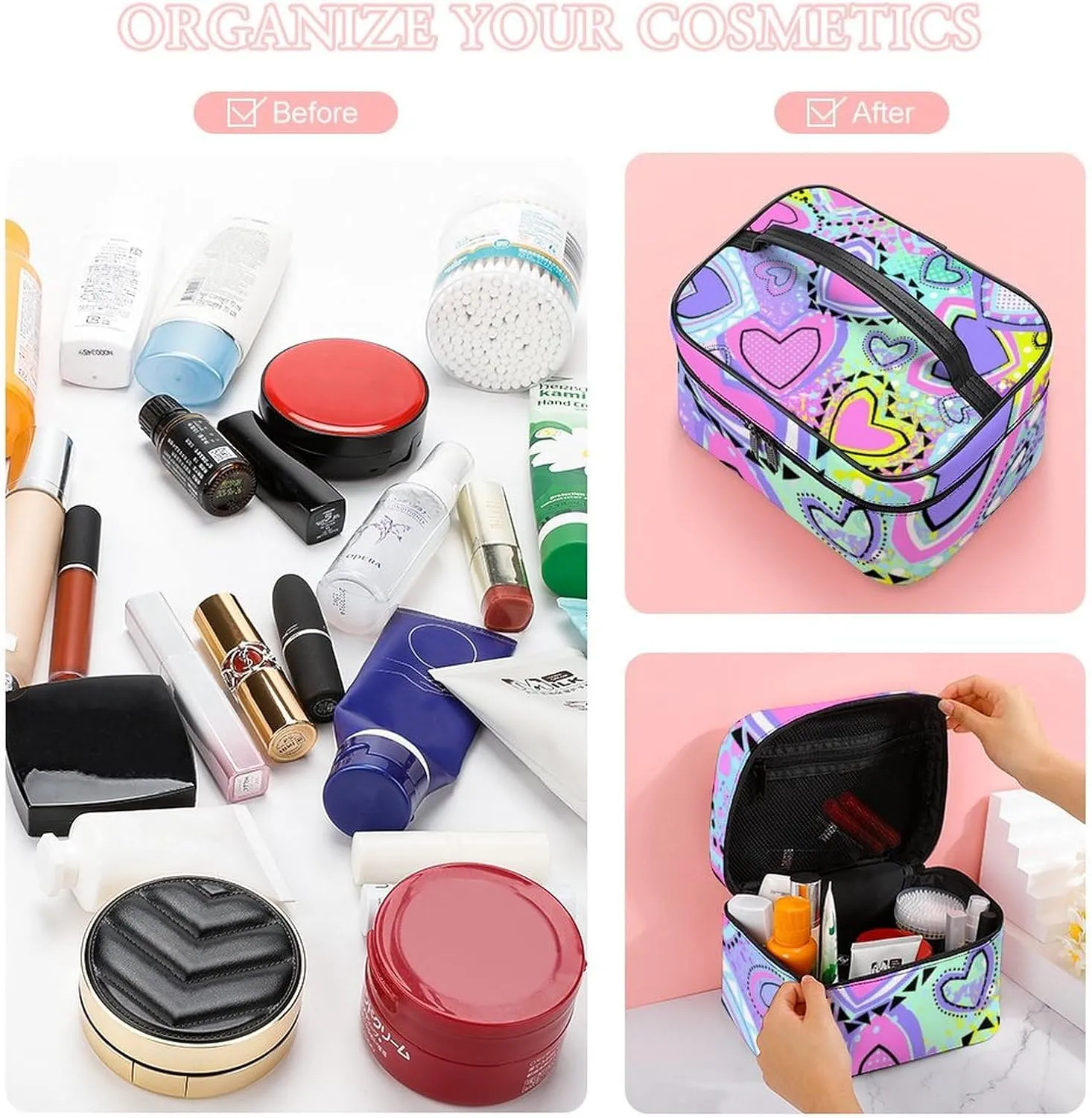Womens Travel Makeup Bag, Waterproof Cosmetic Organizer Case Girls Bright Pink Unicorns Love Hearts Toiletry Storage Bag with Zipper Mesh Pouch