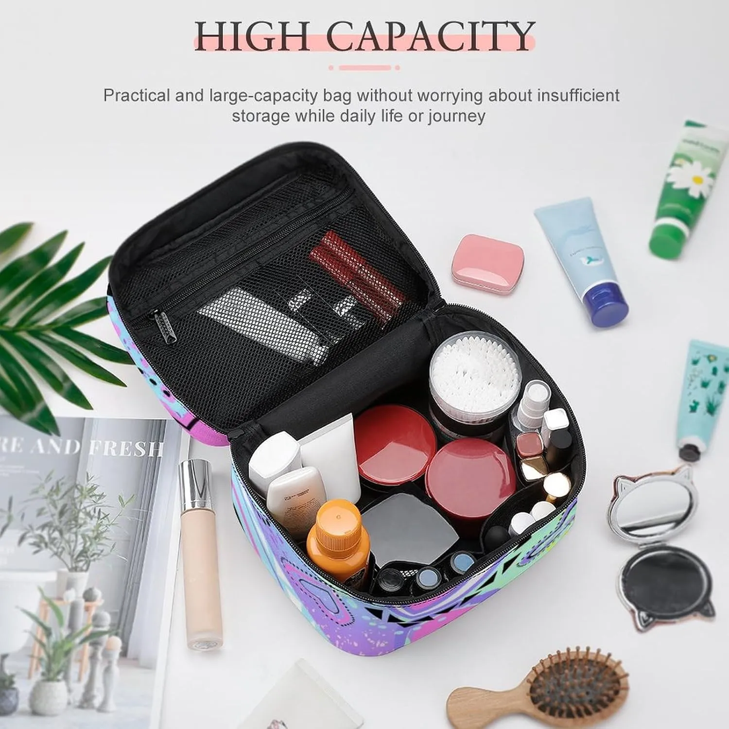 Womens Travel Makeup Bag, Waterproof Cosmetic Organizer Case Girls Bright Pink Unicorns Love Hearts Toiletry Storage Bag with Zipper Mesh Pouch