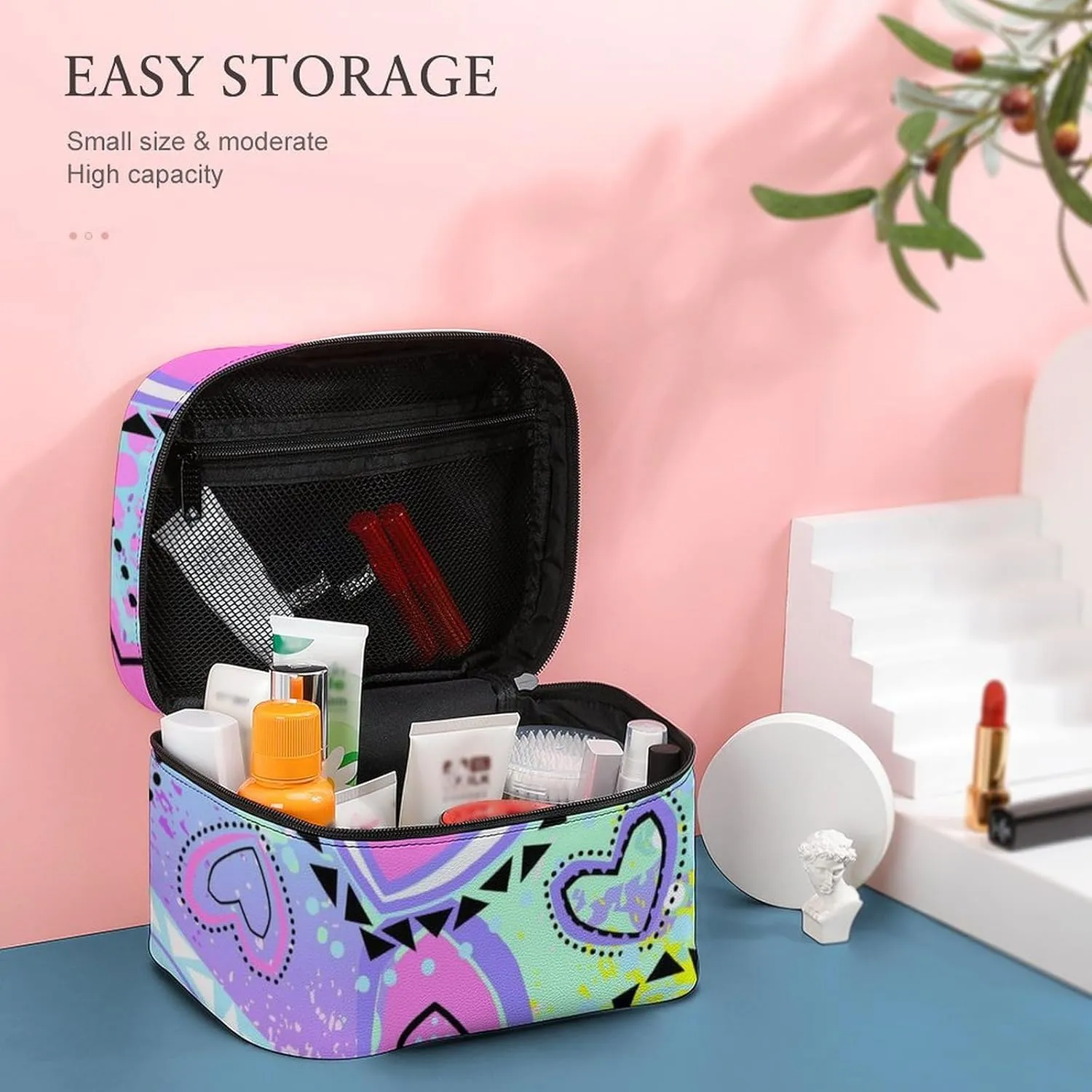 Womens Travel Makeup Bag, Waterproof Cosmetic Organizer Case Girls Bright Pink Unicorns Love Hearts Toiletry Storage Bag with Zipper Mesh Pouch