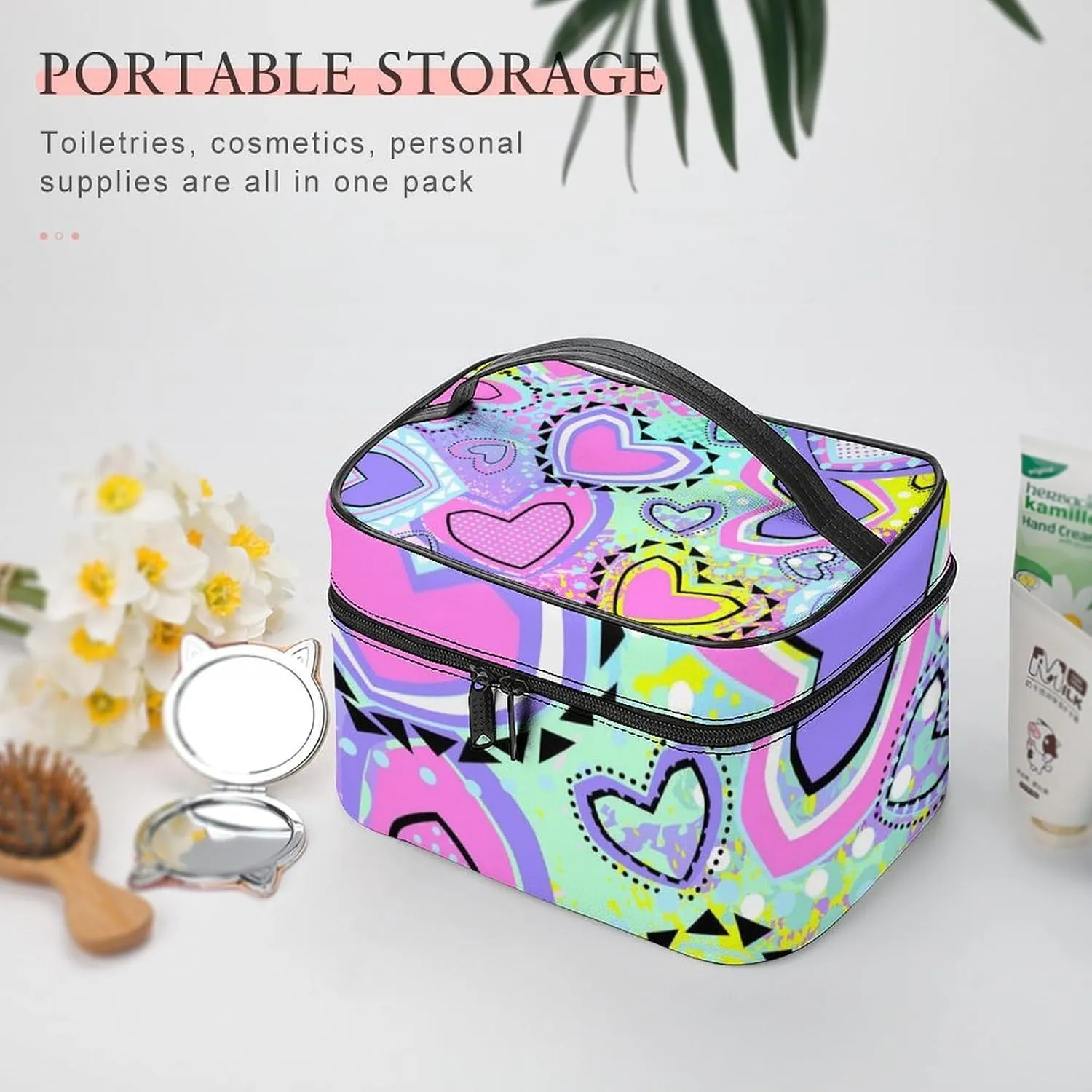 Womens Travel Makeup Bag, Waterproof Cosmetic Organizer Case Girls Bright Pink Unicorns Love Hearts Toiletry Storage Bag with Zipper Mesh Pouch