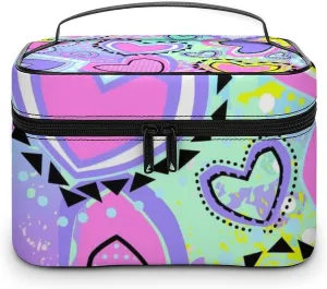 Womens Travel Makeup Bag, Waterproof Cosmetic Organizer Case Girls Bright Pink Unicorns Love Hearts Toiletry Storage Bag with Zipper Mesh Pouch