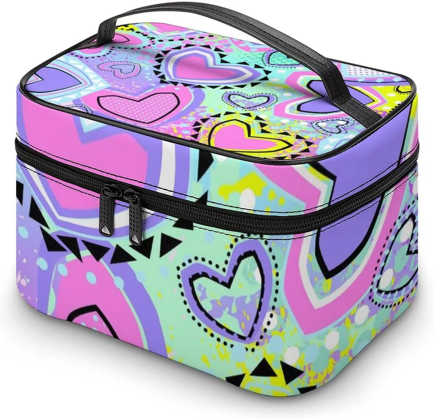 Womens Travel Makeup Bag, Waterproof Cosmetic Organizer Case Girls Bright Pink Unicorns Love Hearts Toiletry Storage Bag with Zipper Mesh Pouch