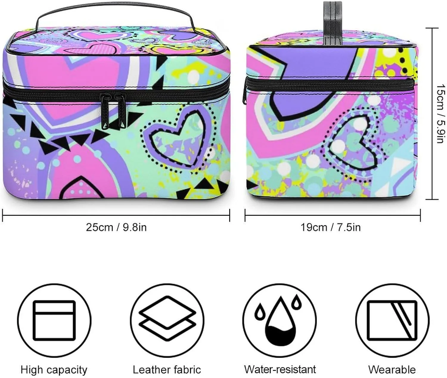 Womens Travel Makeup Bag, Waterproof Cosmetic Organizer Case Girls Bright Pink Unicorns Love Hearts Toiletry Storage Bag with Zipper Mesh Pouch