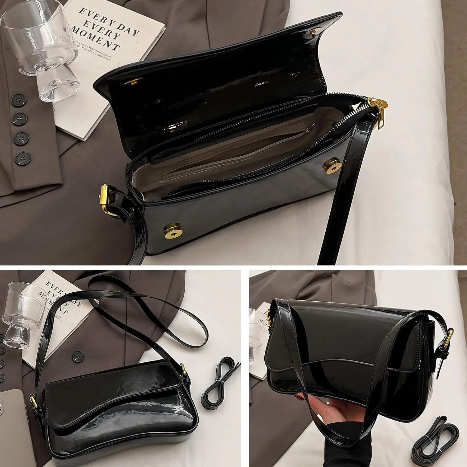 Y2K Shoulder Bag for Women - PU Leather Clutch Purse Handbag Tote With 2 Removable Straps - Crossbody