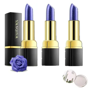 Yanqina Lipstick, Long Lasting Moisturizing Lipstick Yanqina, Magical Discoloration Blue-Rose Temperature Changing Lipstick (3pcs  mirror)